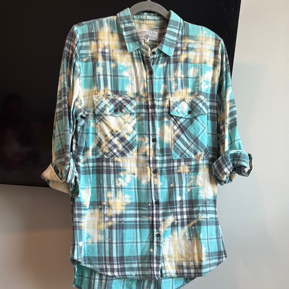 Crazy Train Teal Plaid Tunic Flannel Shirt